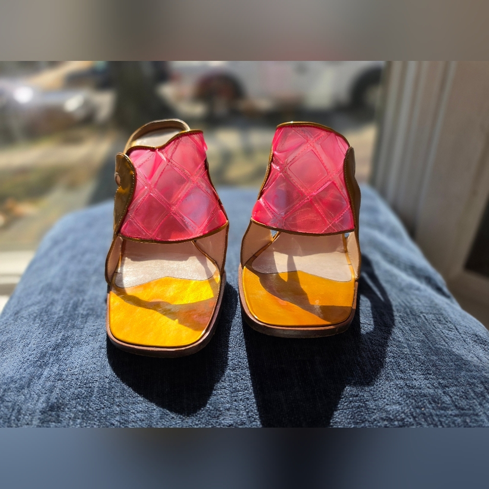 CHANEL Patent Leather Heels Vintage Women's Sandals Gold and Pink Size 36 1/2 - Picture 11 of 16